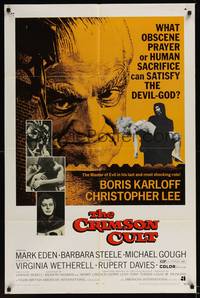 1y157 CRIMSON CULT 1sh '70 Boris Karloff, Christopher Lee, what can satisfy the devil-god?