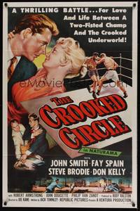 1y158 CROOKED CIRCLE 1sh '57 two-fisted boxing champ vs crooked underworld, cool art!