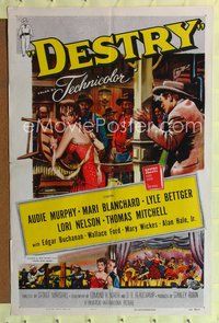 1y186 DESTRY 1sh '54 Audie Murphy, western, wild artwork of showgirl starting a fight!
