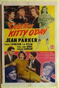 1y188 DETECTIVE KITTY O'DAY 1sh '44 full-length smiling female sleuth Jean Parker pointing gun!