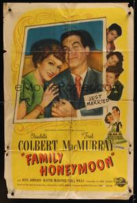 1y239 FAMILY HONEYMOON 1sh '48 art & photo of newlyweds Claudette Colbert & Fred MacMurray!