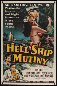 1y344 HELL SHIP MUTINY 1sh '57 Jon Hall kisses tropical bikini babe, John Carradine, Peter Lorre!