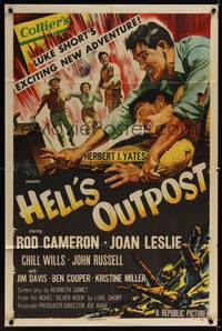 1y345 HELL'S OUTPOST 1sh '55 art of Rod Cameron fighting John Russell, Joan Leslie!