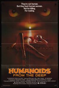 1y383 HUMANOIDS FROM THE DEEP 1sh '80 classic sexy art of eyes looming over sexy girl on beach!