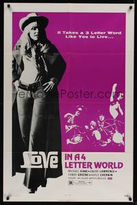 1y496 LOVE IN A 4 LETTER WORLD 1sh '71 sex & drugs, great full-length image of sexy cowgirl!