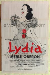 1y506 LYDIA 1sh '41 great full-length artwork of Merle Oberon, who wants all there is to love!