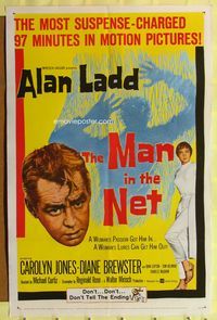 1y521 MAN IN THE NET 1sh '59 Alan Ladd in the most suspense-charged 97 minutes in motion pictures!