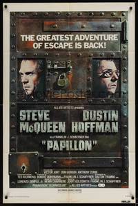 1y653 PAPILLON 1sh R77 great different art of prisoners Steve McQueen & Dustin Hoffman!