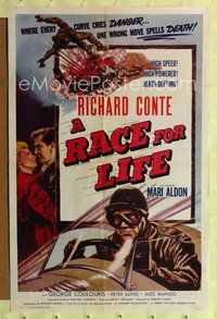 1y686 RACE FOR LIFE 1sh '54 cool race car driver Richard Conte & crash artwork!