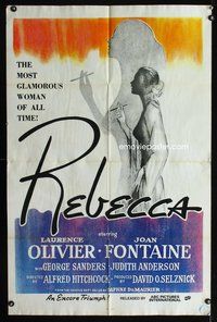 1y696 REBECCA 1sh R70s Alfred Hitchcock, profile art of smoking Joan Fontaine!