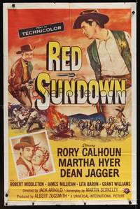 1y699 RED SUNDOWN 1sh '56 great western art of Rory Calhoun, Martha Hyer & Dean Jagger!