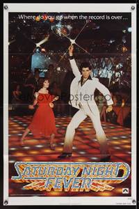 1y729 SATURDAY NIGHT FEVER teaser 1sh '77 image of disco dancer John Travolta & Karen Lynn Gorney!