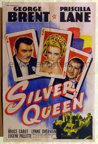 1y766 SILVER QUEEN 1sh '42 Priscilla Lane gambles at poker, cool playing card design!