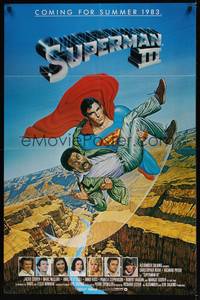 1y834 SUPERMAN III advance 1sh '83 art of Christopher Reeve flying with Richard Pryor by L. Salk!