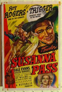 1y836 SUSANNA PASS 1sh '49 great art of Roy Rogers riding Trigger, plus sexy Dale Evans!