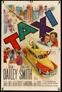 1y855 TAXI 1sh '53 artwork of Dan Dailey & Constance Smith in yellow cab in New York City!