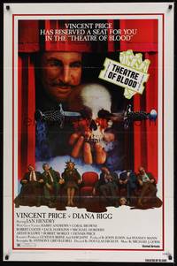 1y871 THEATRE OF BLOOD 1sh '73 great art of Vincent Price holding bloody skull w/dead audience!