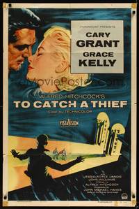 1y900 TO CATCH A THIEF 1sh '55 great artwork of pretty Grace Kelly & Cary Grant, Alfred Hitchcock!