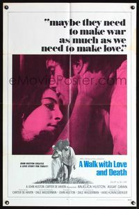 1y956 WALK WITH LOVE & DEATH int'l 1sh '69 John Huston, Anjelica Huston romantic close up!