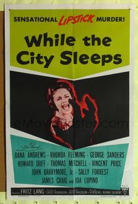 1y967 WHILE THE CITY SLEEPS 1sh '56 great image of Lipstick Killer's victim, Fritz Lang noir!