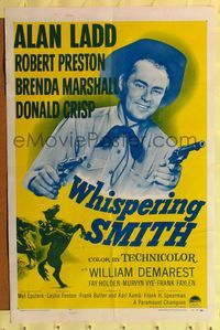 1y968 WHISPERING SMITH 1sh R56 close-up of cowboy Alan Ladd with two six-shooters!