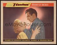 1z366 I CONFESS LC #5 '53 Alfred Hitchcock, c/u of priest Montgomery Clift grabbing Ann Baxter!