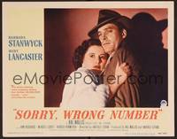 1z576 SORRY WRONG NUMBER LC #1 '48 close up of scared Barbara Stanwyck hugging Burt Lancaster!