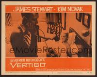 1z642 VERTIGO LC #5 '58 Alfred Hitchcock, standing James Stewart on phone, blonde Kim Novak in bed!
