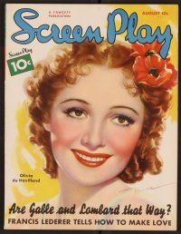 2a064 SCREEN PLAY magazine August 1936 great art of pretty Olivia De Havilland by Marren!