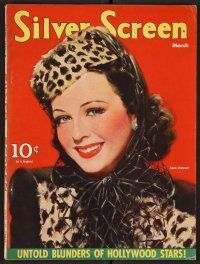 2a083 SILVER SCREEN magazine March 1940 art of Joan Bennett in leopard print by Marland Stone!