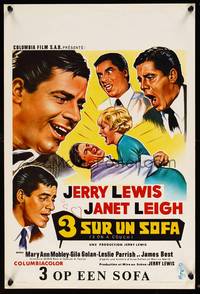 2b003 3 ON A COUCH Belgian '66 great artwork of screwy Jerry Lewis' many faces, Janet Leigh!