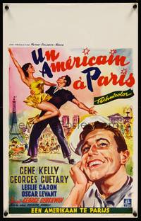 2b021 AMERICAN IN PARIS Belgian '51 wonderful Wik art of Gene Kelly dancing with sexy Leslie Caron