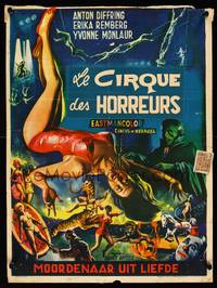 2b075 CIRCUS OF HORRORS Belgian '60 outrageous horror art of sexy trapeze girl hanging by neck!
