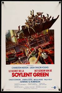 2b334 SOYLENT GREEN Belgian '73 art of Charlton Heston trying to escape riot control by John Solie