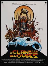2b583 CLAN OF THE CAVE BEAR French 15x21 '86 cool different caveman artwork by Druillet!