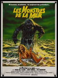 2b630 HUMANOIDS FROM THE DEEP French 15x21 '80 art of monster looming over sexy girl on beach!