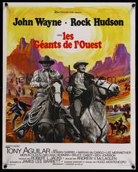 2b709 UNDEFEATED French 15x21 '69 John Wayne & Rock Hudson, wonderful Grinsson landscape art!