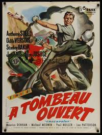 2c242 CHECKPOINT French 24x32 '57 English car racing, art of tough Anthony Steel in fistfight!