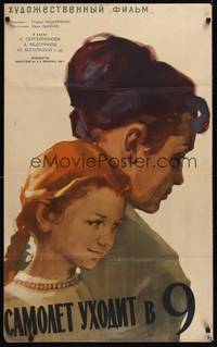 2c183 PLANE LEAVES AT 9 Russian 25x40 '60 wonderful artwork of little girl & mother!