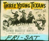2d161 THREE YOUNG TEXANS glass slide '54 Mitzi Gaynor, Keefe Brasselle & Jeff Hunter on horses!
