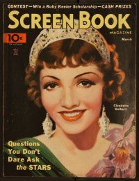 2d061 SCREEN BOOK magazine March 1935 art of Claudette Colbert in tiara & big diamond earrings!