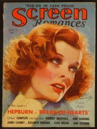 2d086 SCREEN ROMANCES magazine July 1935 wonderful art of Katharine Hepburn by Earl Christy!