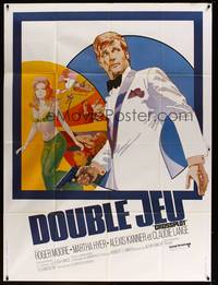 2e332 CROSSPLOT French 1p '70 different art of Roger Moore & sexy Alexis Kanner in spy thriller!