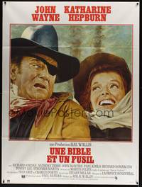 2e519 ROOSTER COGBURN French 1p '75 great art of John Wayne with eye patch & Katharine Hepburn!