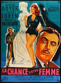 2e590 WHAT A WOMAN French 1p '56 different art of sexy Sophia Loren & Mastroianni by Belinsky!