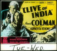 2g124 CLIVE OF INDIA glass slide '35 close up of Ronald Colman with sexy Loretta Young!