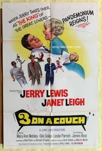 2h006 3 ON A COUCH 1sh '66 great image of screwy Jerry Lewis squeezing sexy Janet Leigh!