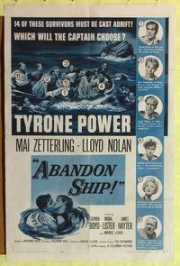 2h016 ABANDON SHIP 1sh '57 Tyrone Power & 25 survivors in a lifeboat which can hold only 12!