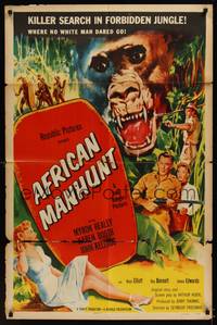 2h021 AFRICAN MANHUNT 1sh '54 in the forbidden jungle where no white man dared go!