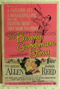 2h079 BENNY GOODMAN STORY 1sh '56 Steve Allen as Goodman, Donna Reed, Gene Krupa, Brown art!